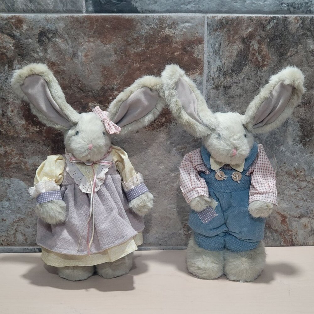 Vintage Plush Boy Girl Bunny Rabbits Easter Decor Stuffed Animal